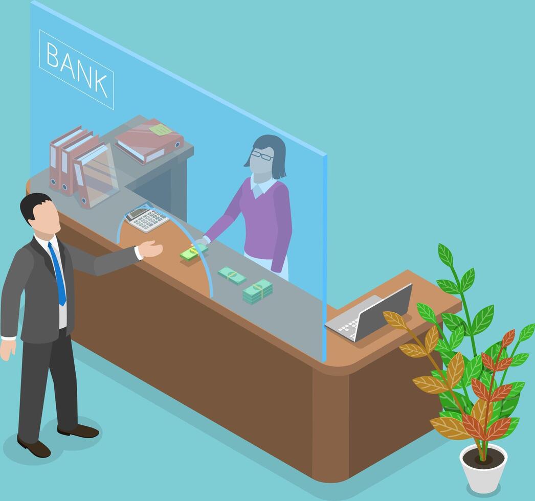 3D Isometric Flat Conceptual Illustration of Bank Counter vector