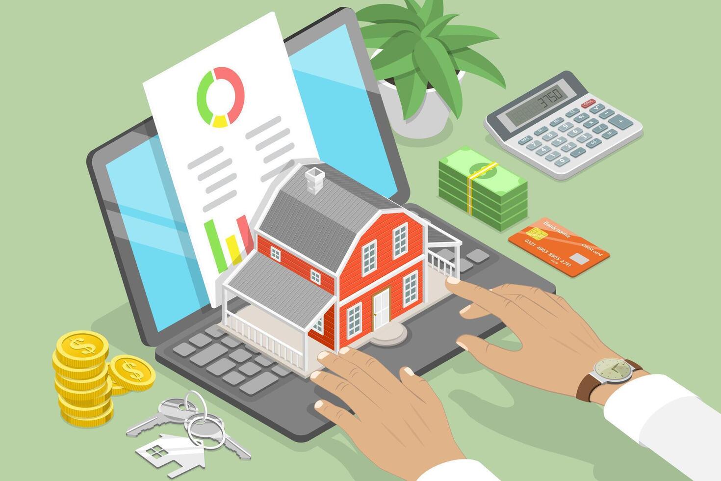 3D Isometric Flat Conceptual Illustration of House Mortgage Calculator vector