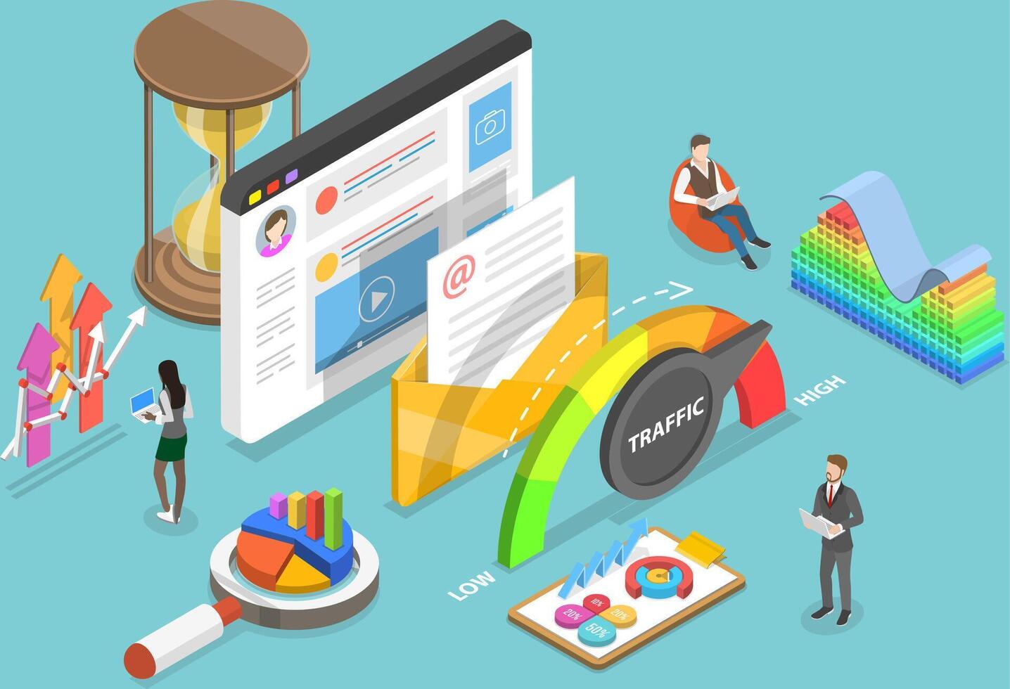 3D Isometric Flat Conceptual Illustration of Email Traffic vector
