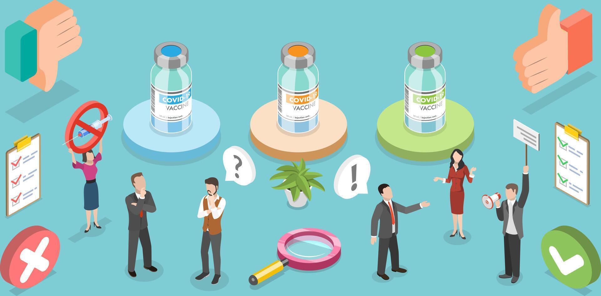 3D Isometric Flat Conceptual Illustration of Choosing COVID-19 Vaccine vector