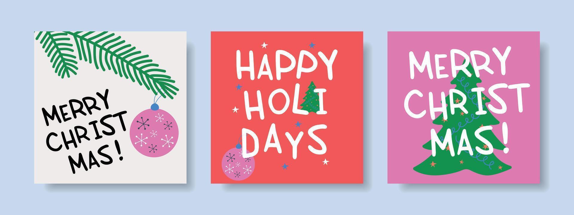 Set of Merry Christmas and Happy New Year greeting cards. Modern Christmas design with tree, balls, snowflakes. vector