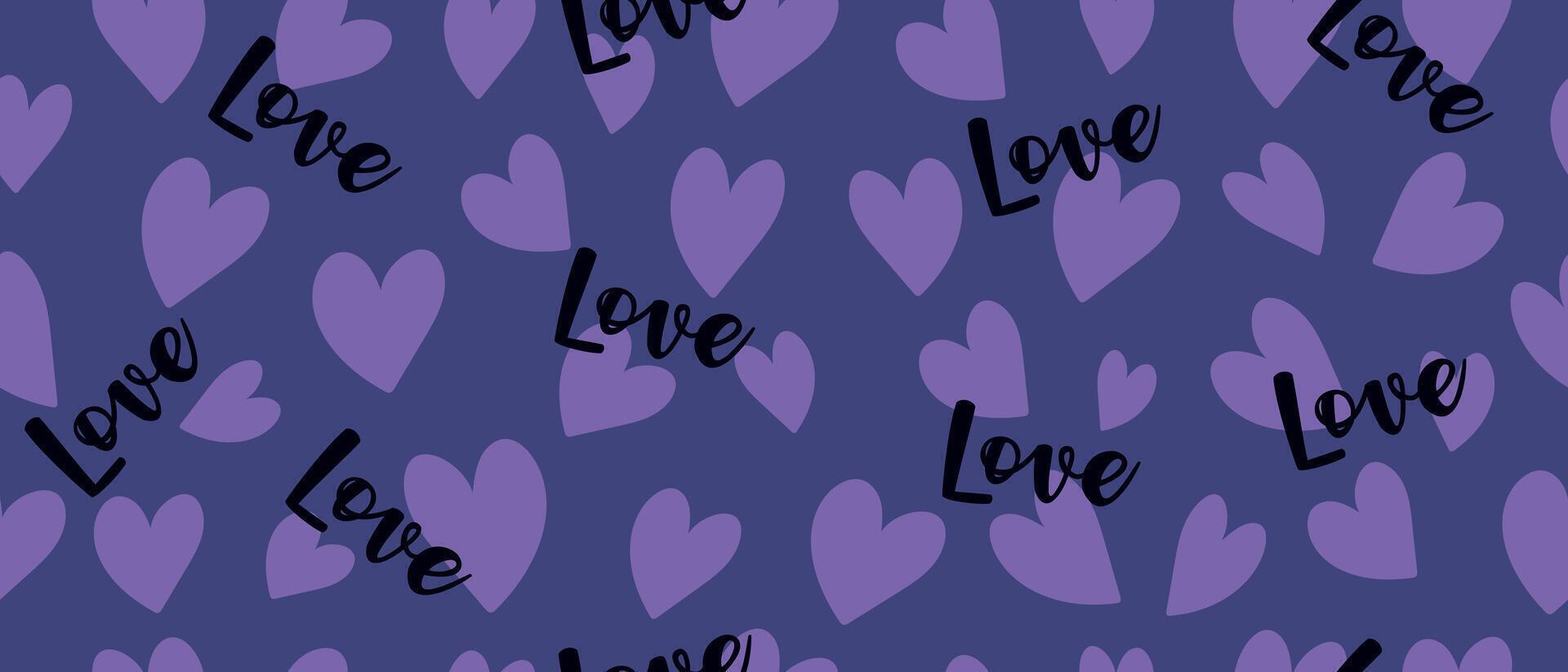 Seamless pattern with hearts and words of love in lilac tones. vector