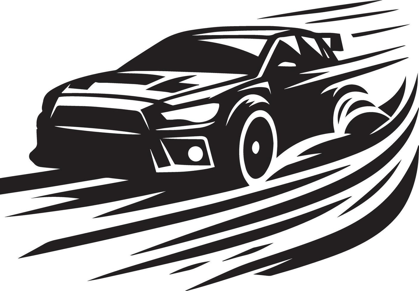 A black and white illustration of a rally car vector