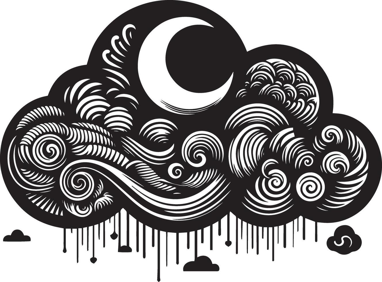 A black and white drawing of a cloud with a moon vector