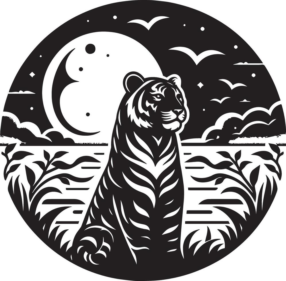 A tiger sitting in the grass at night with the moon in the background vector
