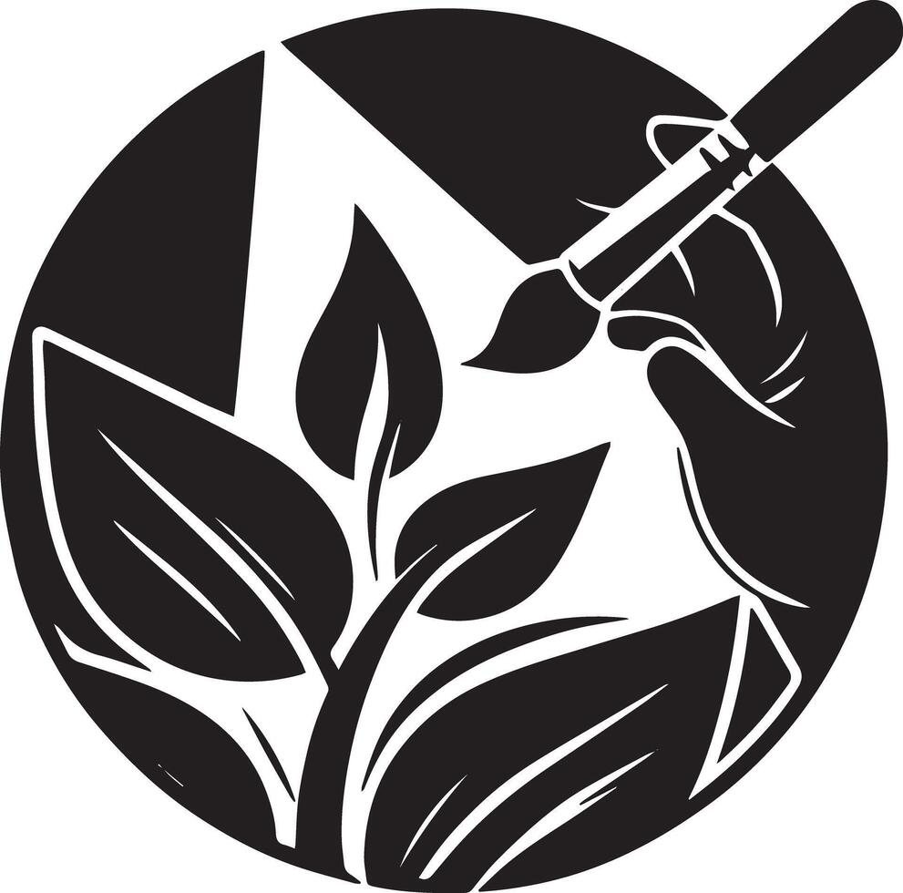 A black and white logo of a hand holding a paintbrush and a plant vector