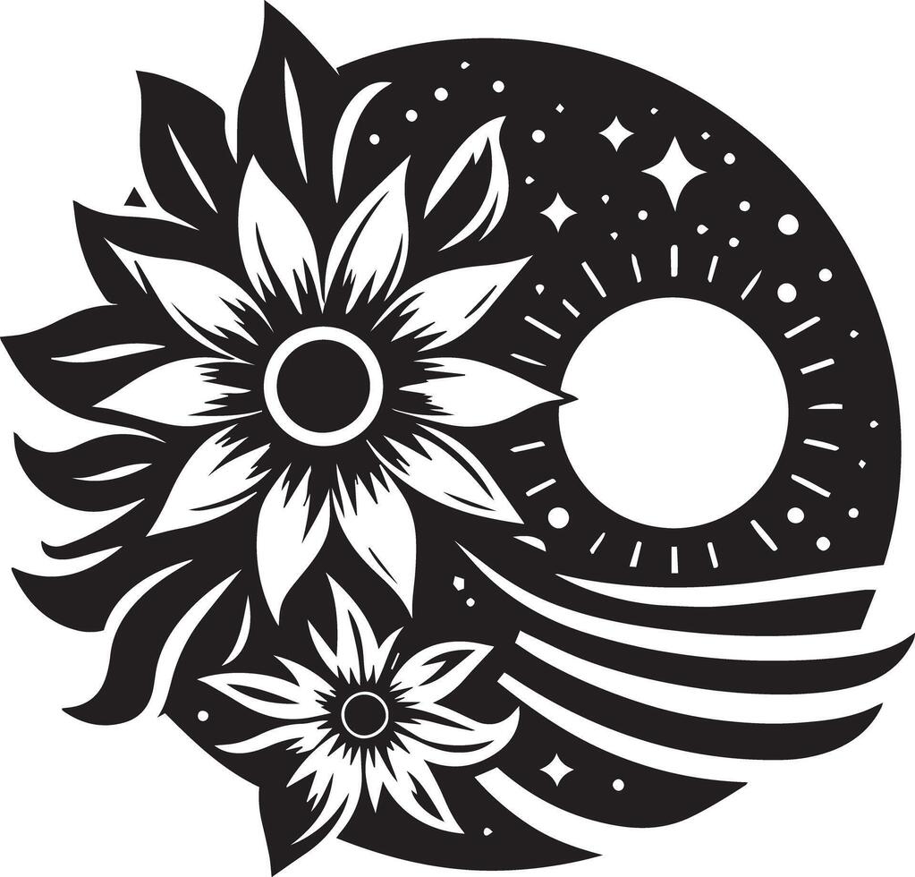 A black and white sunflower and moon in the middle of a circle vector
