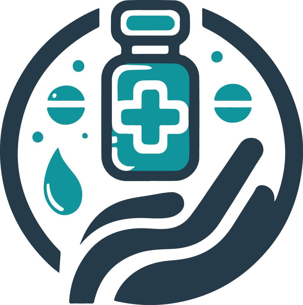 A hand holding a bottle of medicine and a drop of water vector