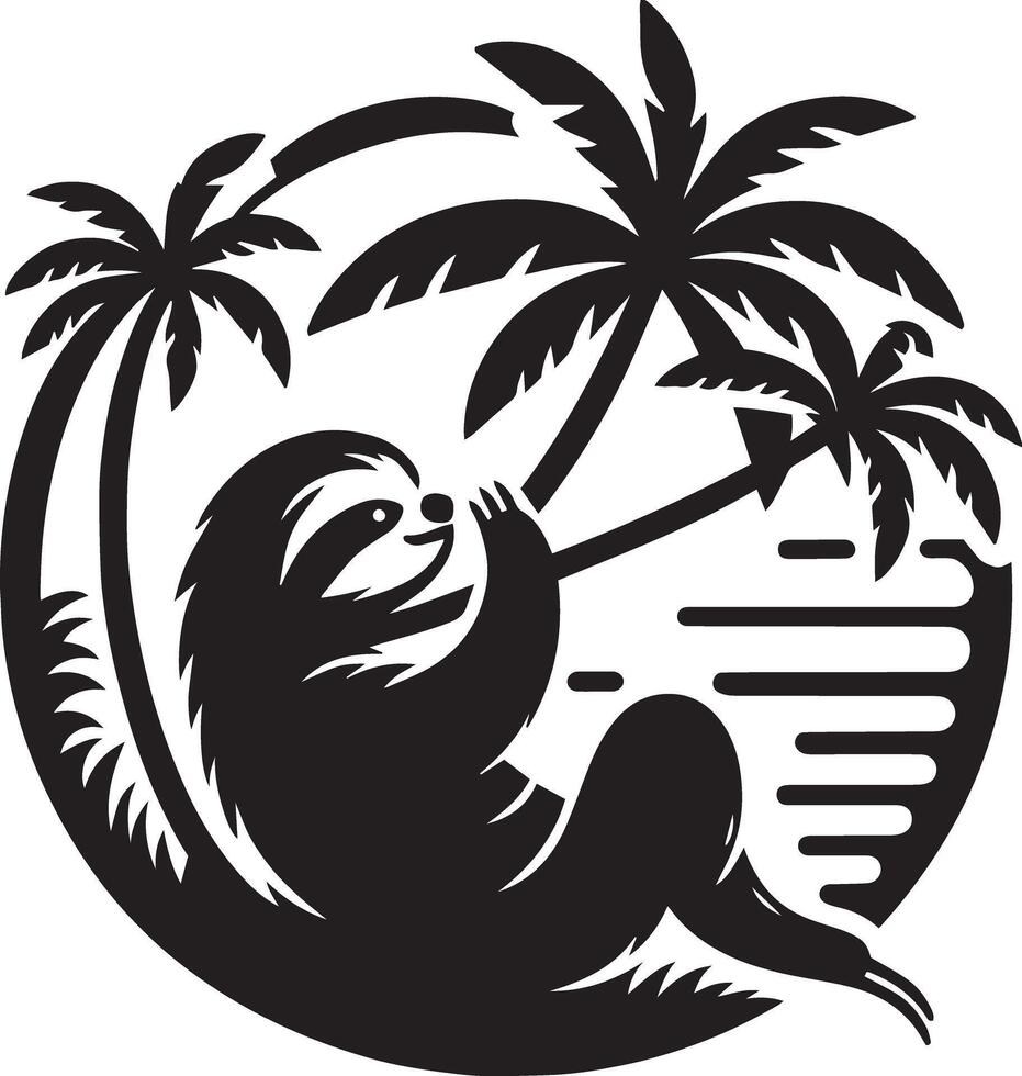Sloth with palm trees and a coconut on a beach vector