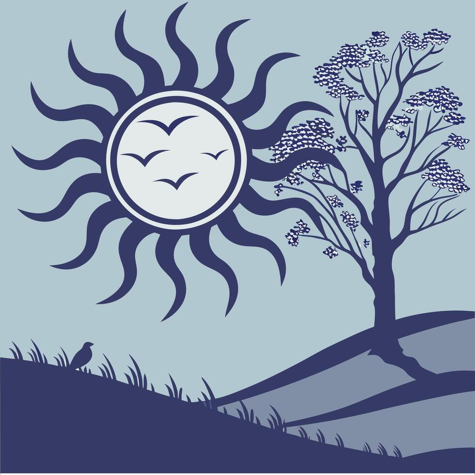 A tree and sun with birds on the hill vector