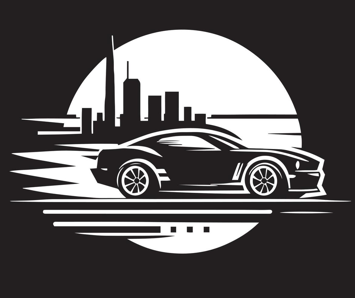 A black and white car with the city in the background vector
