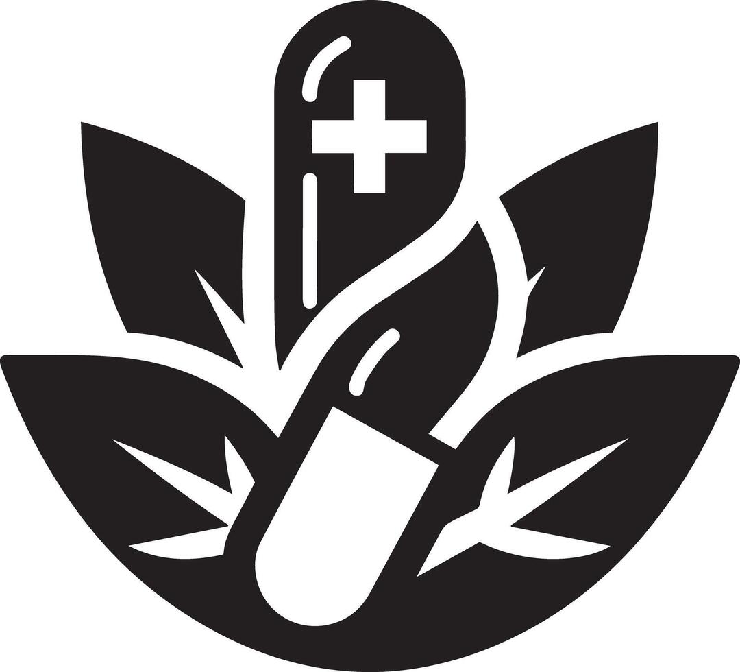 A black and white logo of a pill with leaves vector