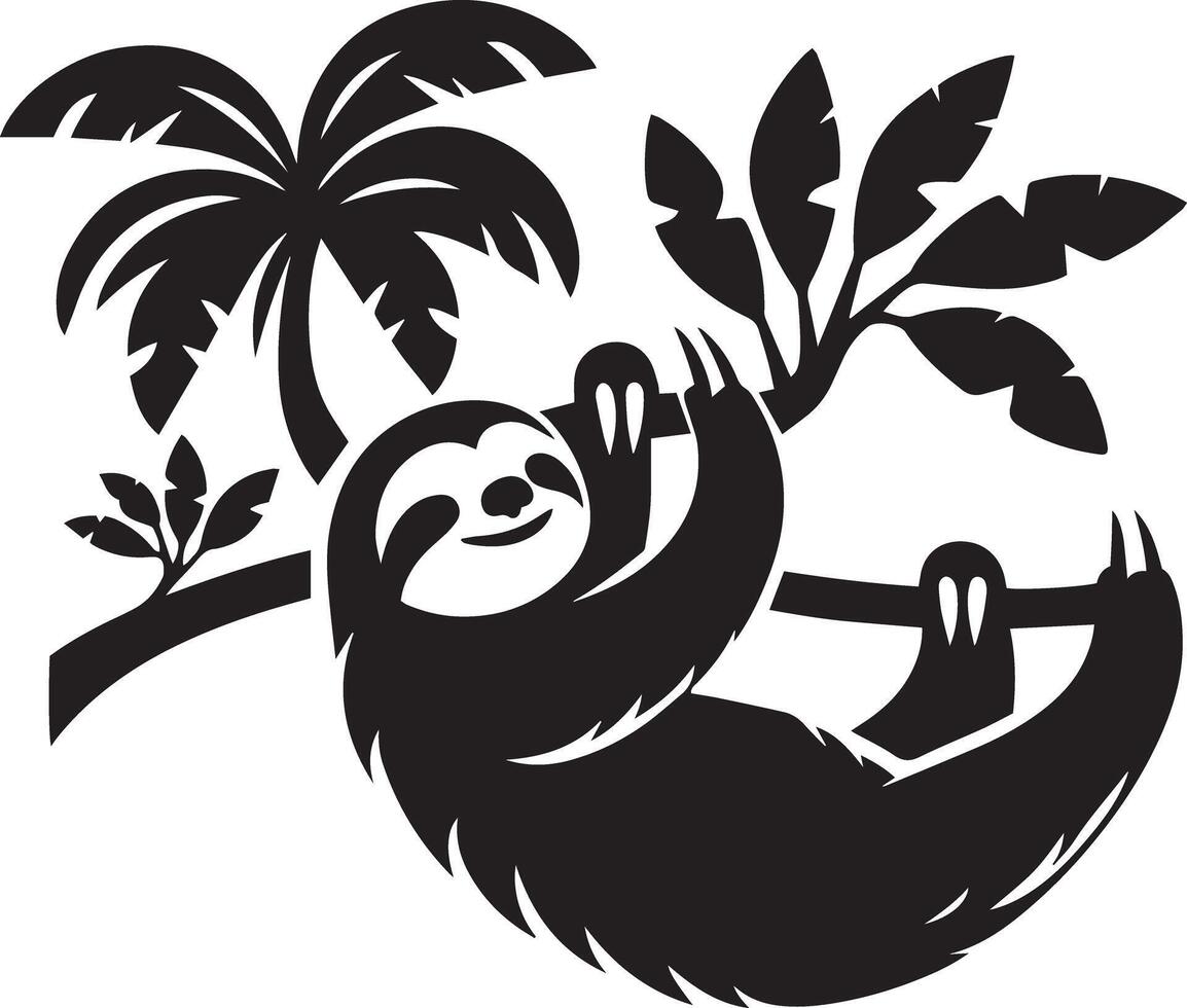 Sloth hanging on a tree with palm trees vector