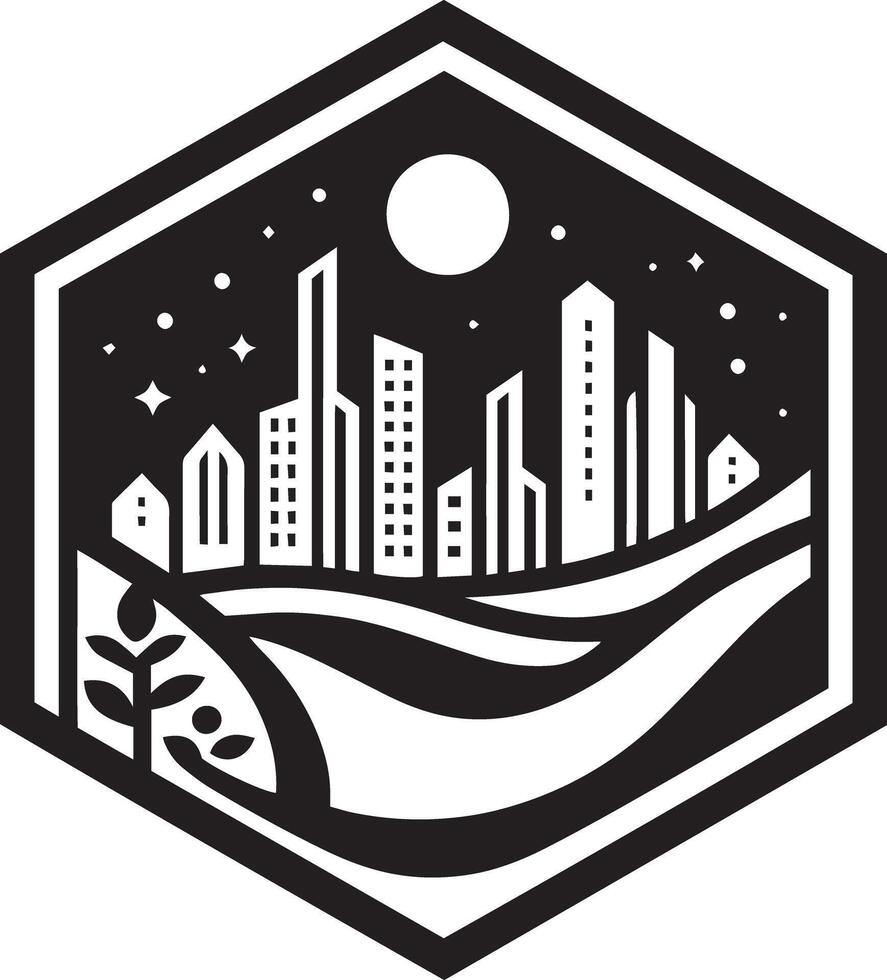 A black and white cityscape with trees and a moon vector