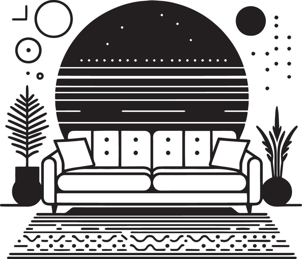 Modern sofa with plants and a sun in the background vector