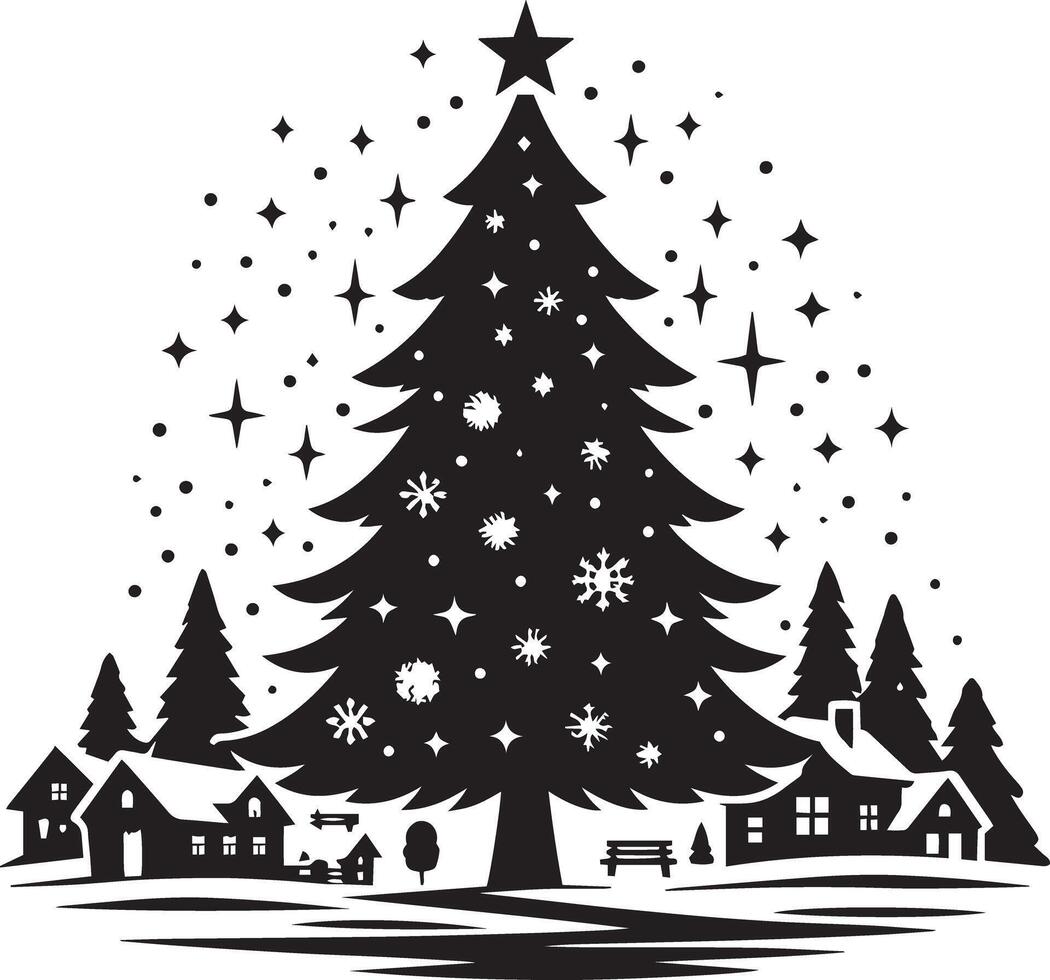 Christmas tree silhouette with snowflakes and houses vector