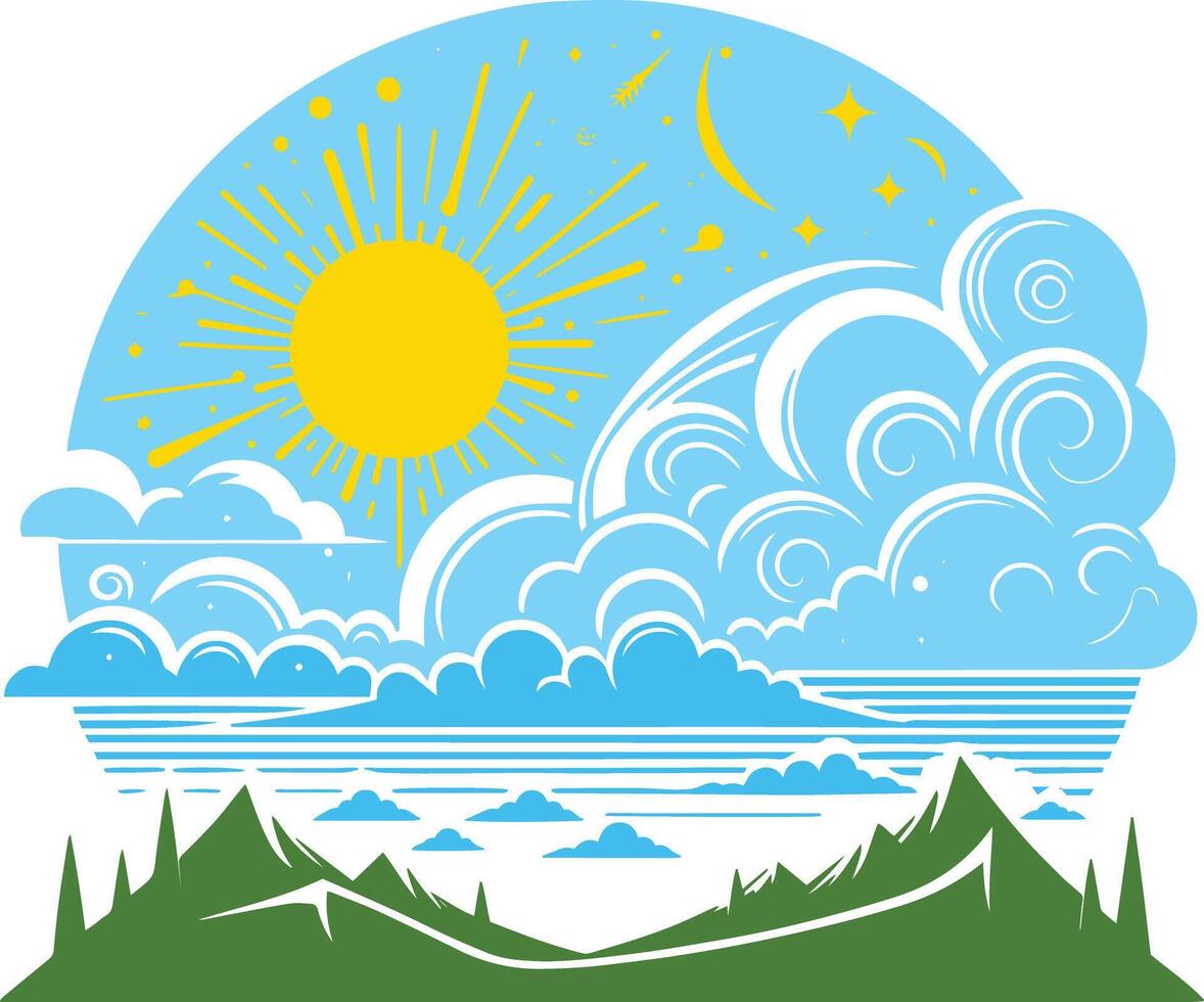 The sun and clouds are in the sky over the mountains vector