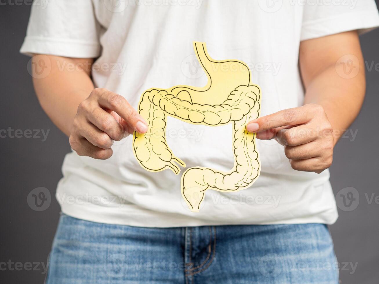 Hand holding a large intestine shape made from yellow paper while standing over a gray background photo