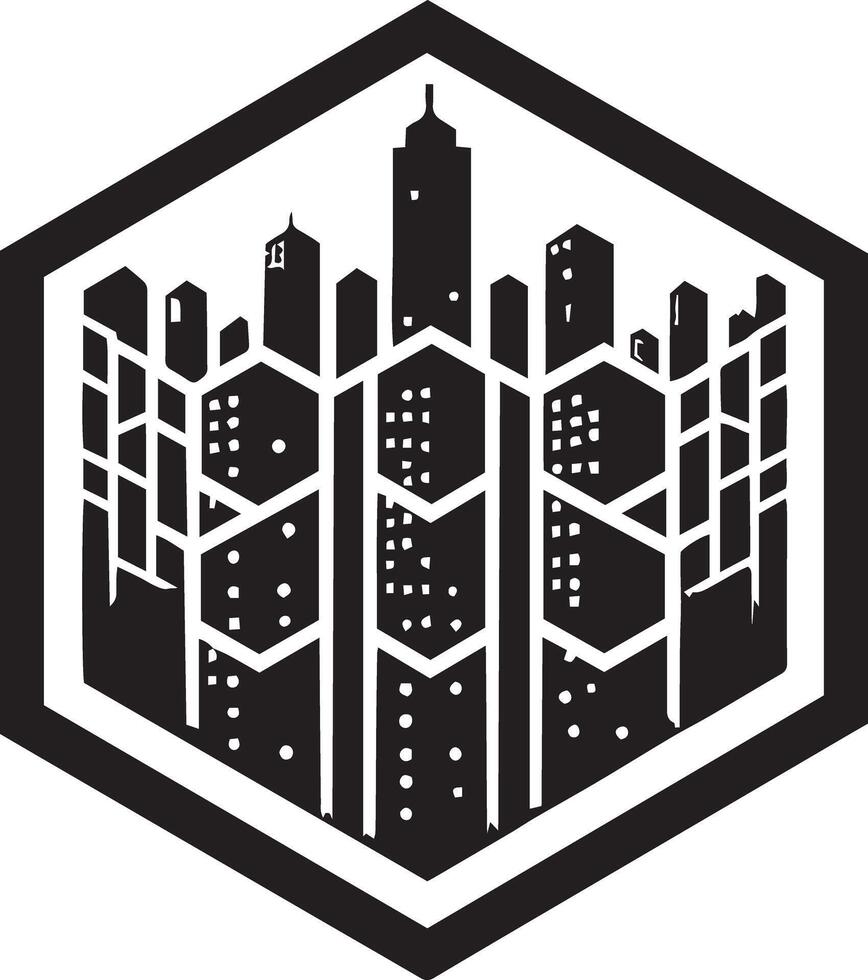A black and white logo with a cityscape vector