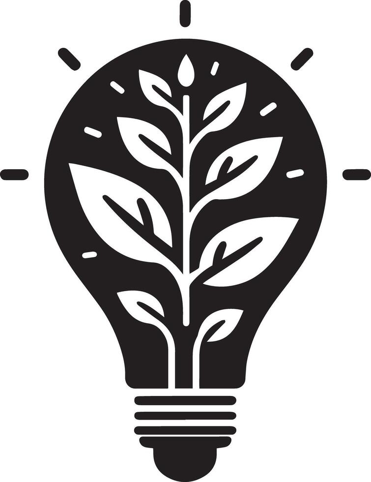 A black and white illustration of a light bulb with a plant inside vector