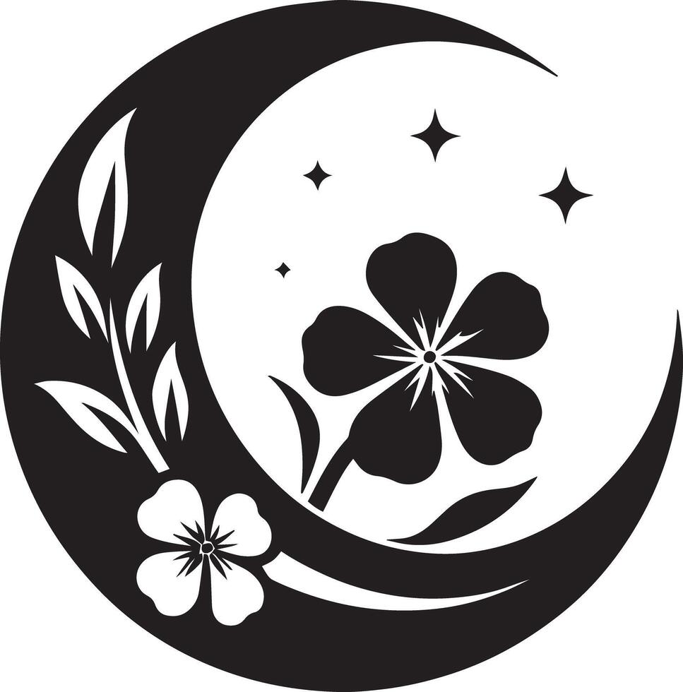 A black and white crescent with flowers and stars vector