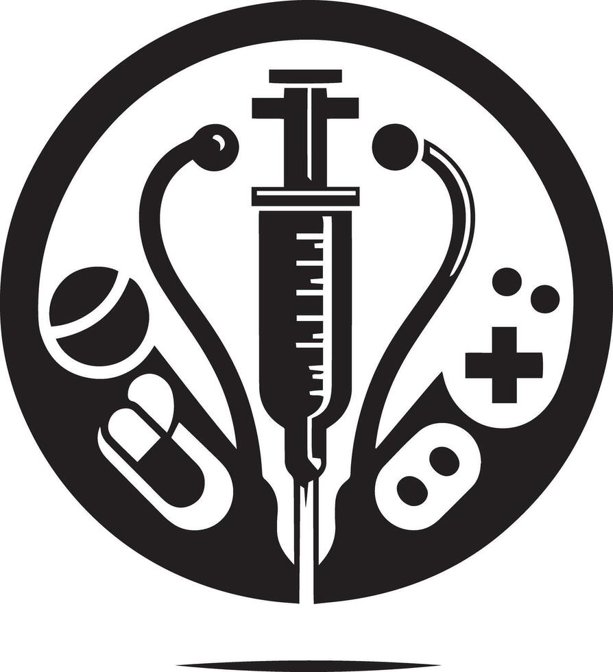 A black and white logo with a syringe and other medical items vector
