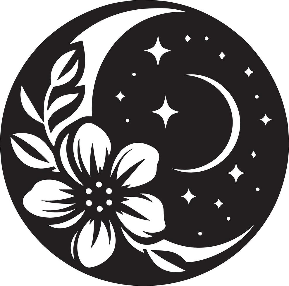 A black and white moon and flower in a circle vector