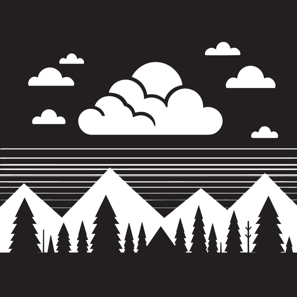 A black and white illustration of a mountain range with trees and clouds vector