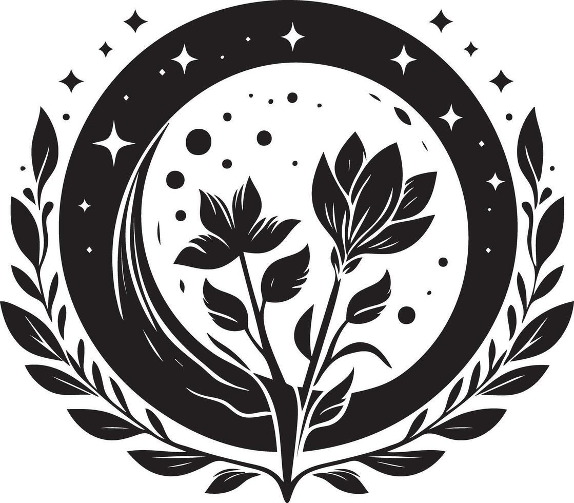 A black and white logo with flowers and stars vector