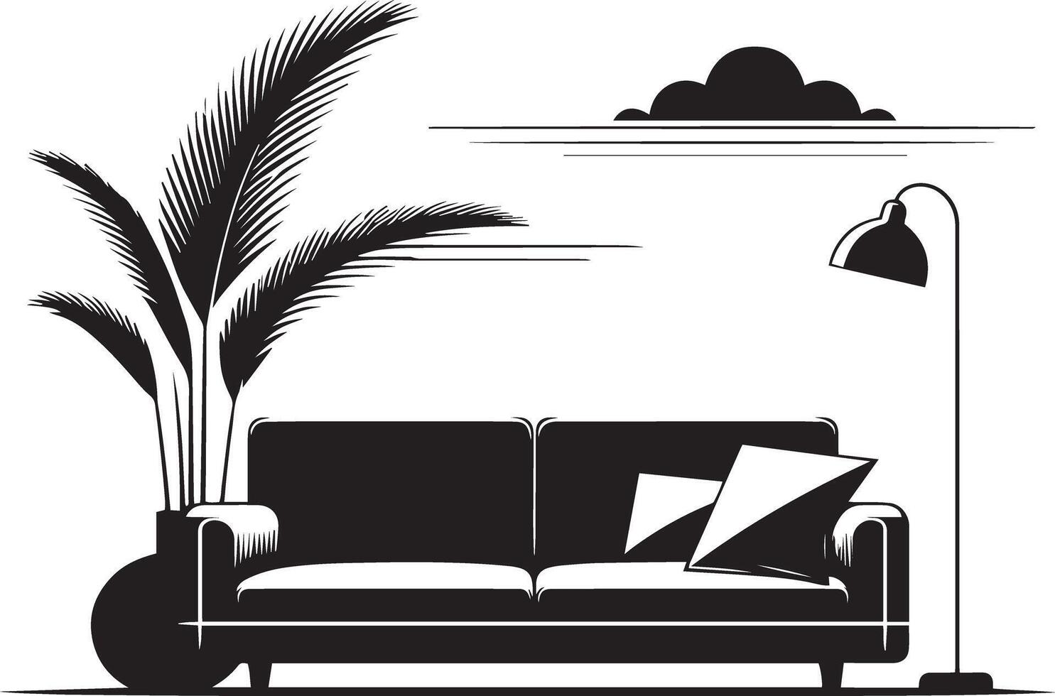 Black and white illustration of a sofa and palm tree vector