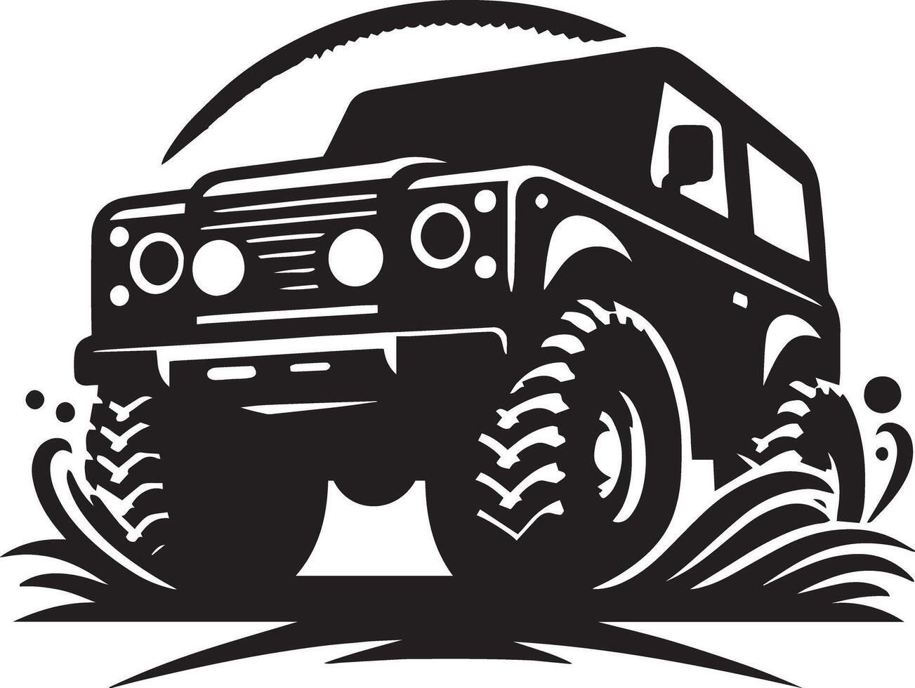 An off road vehicle is shown in black and white vector