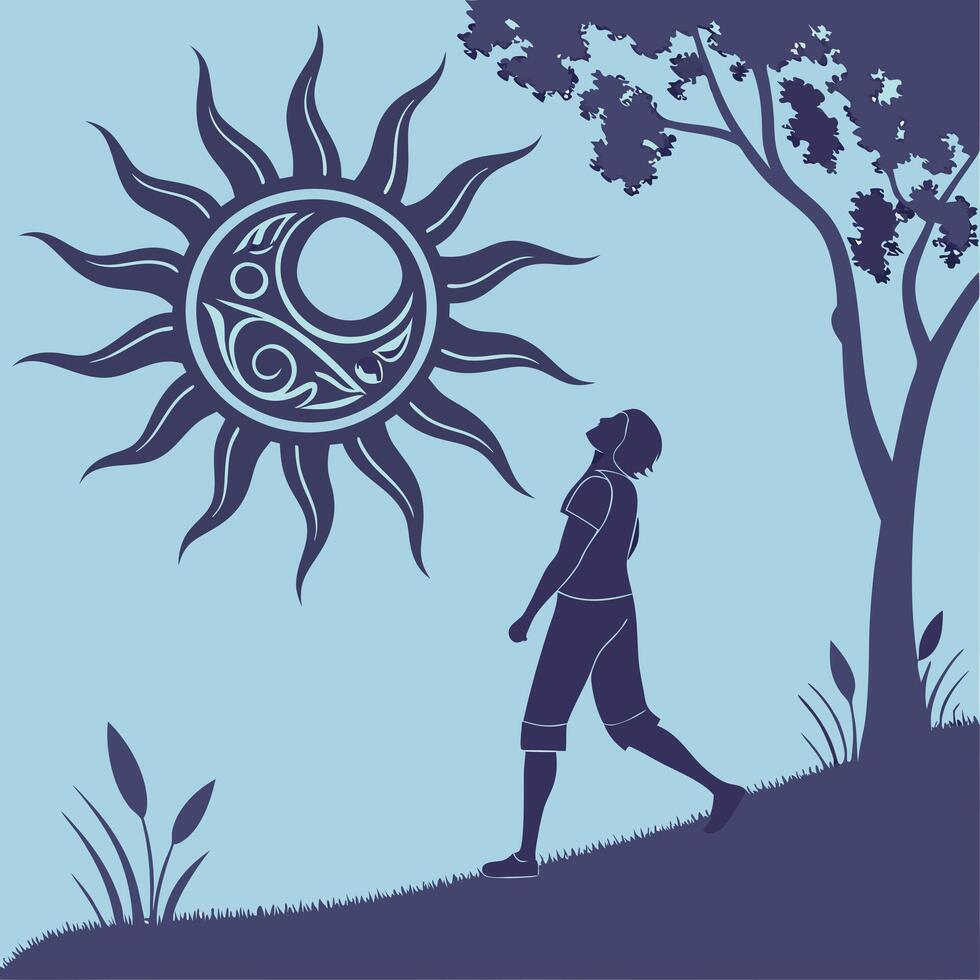 A silhouette of a woman walking in front of a sun vector