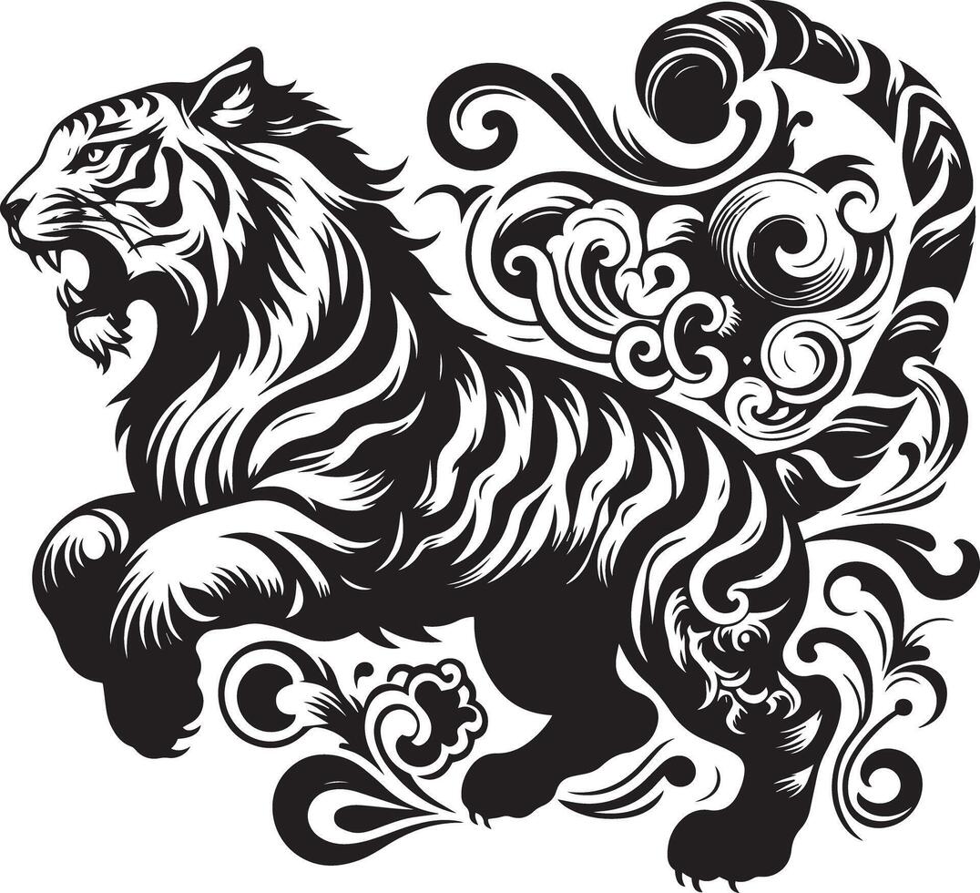 A tiger with swirls and ornaments on its back vector