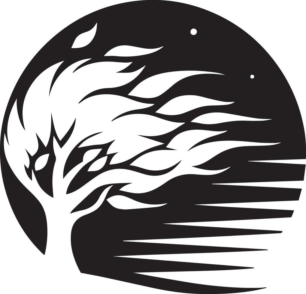 A black and white logo of a tree with wind vector