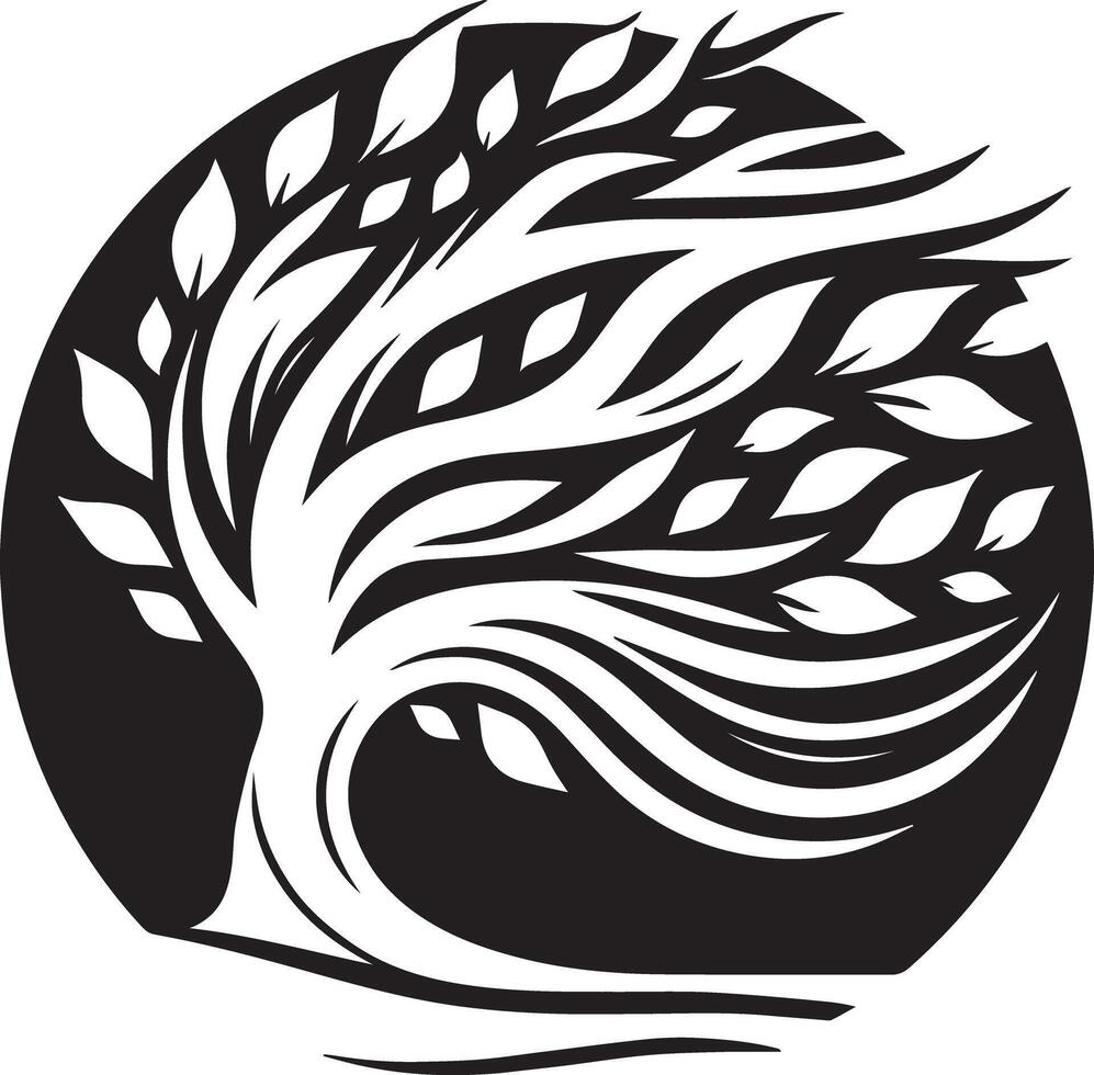 A black and white logo of a tree with leaves vector