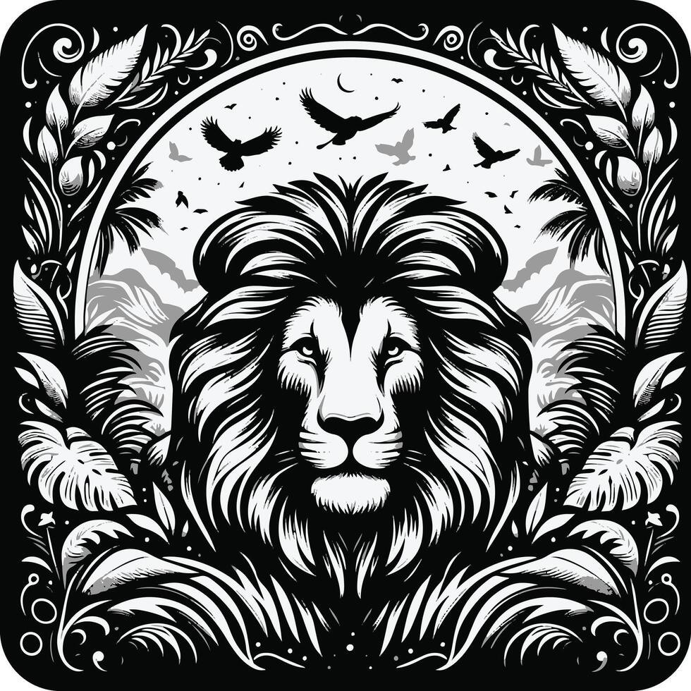 Lion head in the jungle with birds and plants vector
