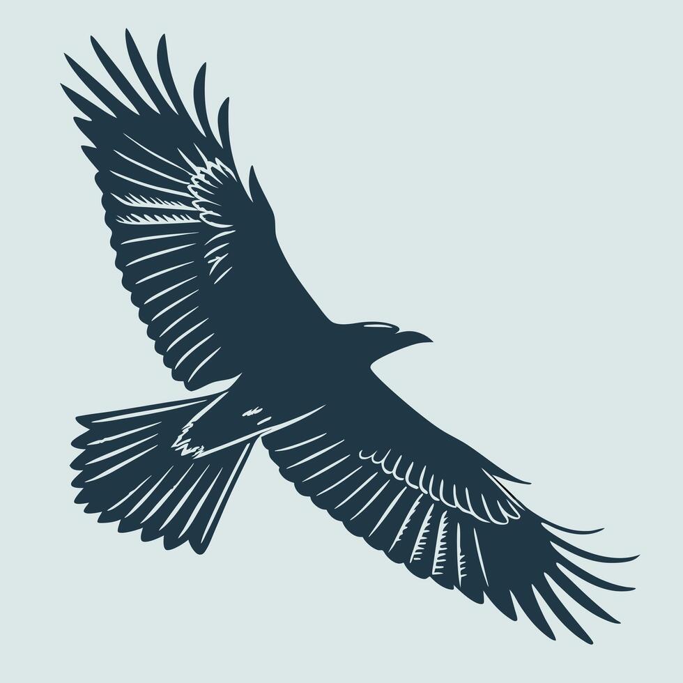 A black bird flying in the air with its wings spread vector