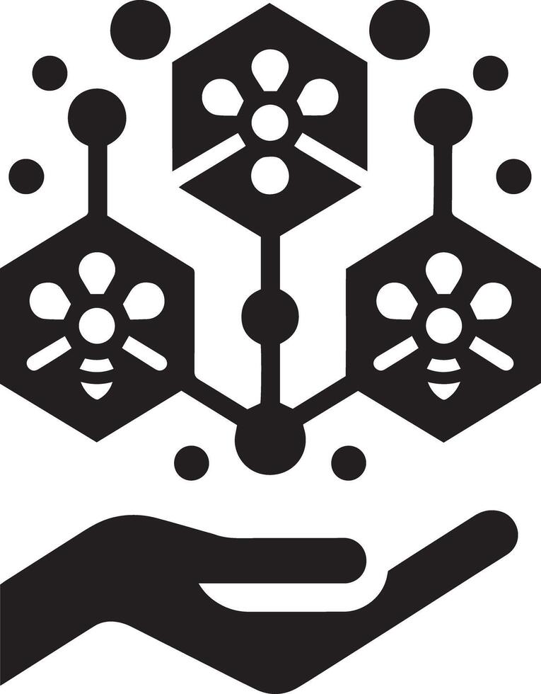 A black and white logo of a hand holding a hexagon vector