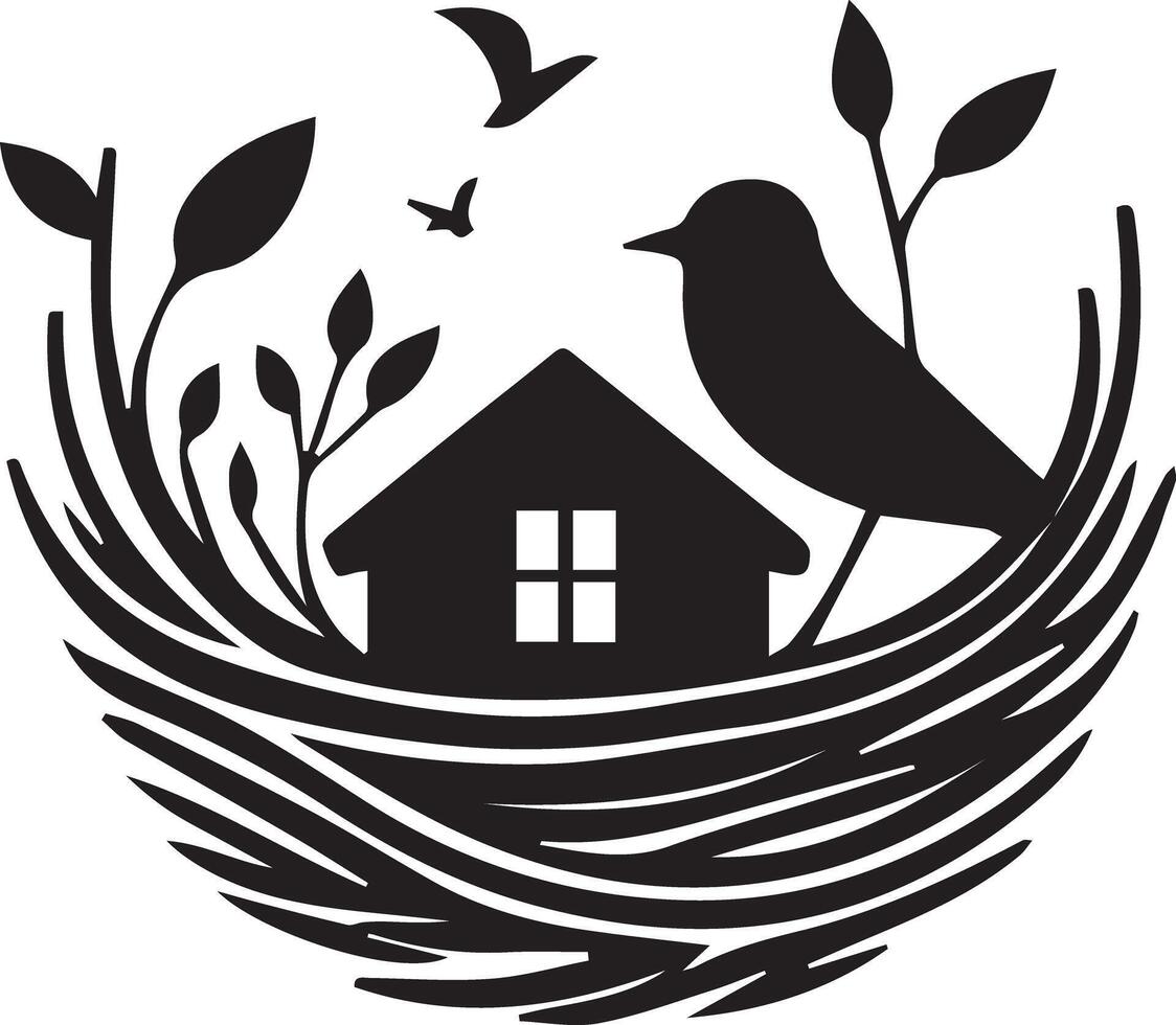 Bird nest with house and bird illustration vector
