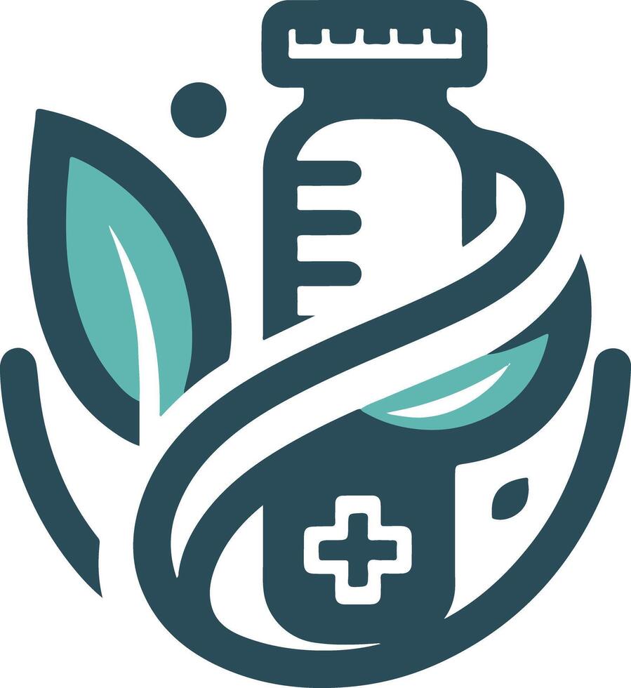 A logo for a pharmacy with a bottle and leaves vector