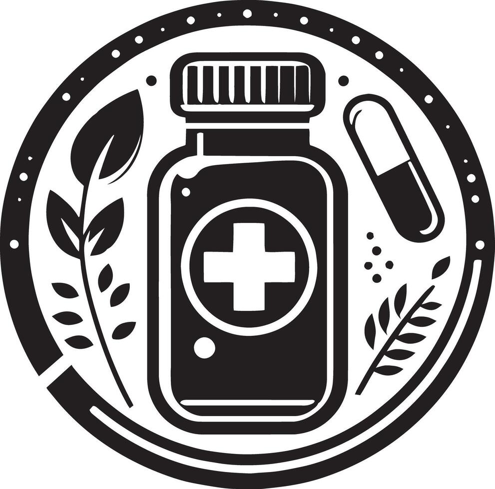Medicine bottle with pills and leaves icon illustration vector