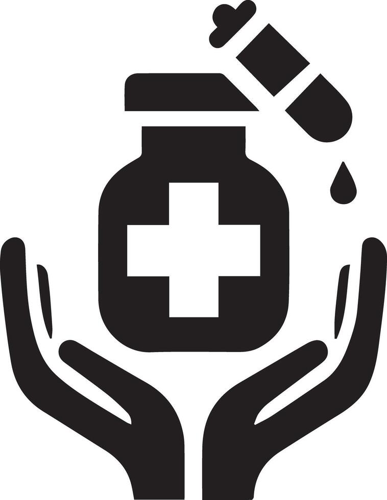 A black and white icon of a bottle with a medicine and a syringe vector