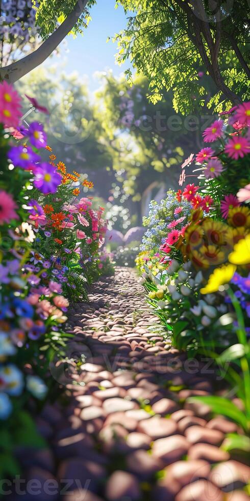 Enchanting Garden Pathway with Vibrant Flowers and Lush Greenery on a Sunny Day photo