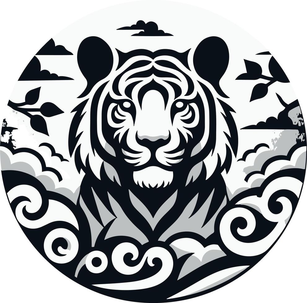 A tiger is in the middle of a circle with clouds and trees vector