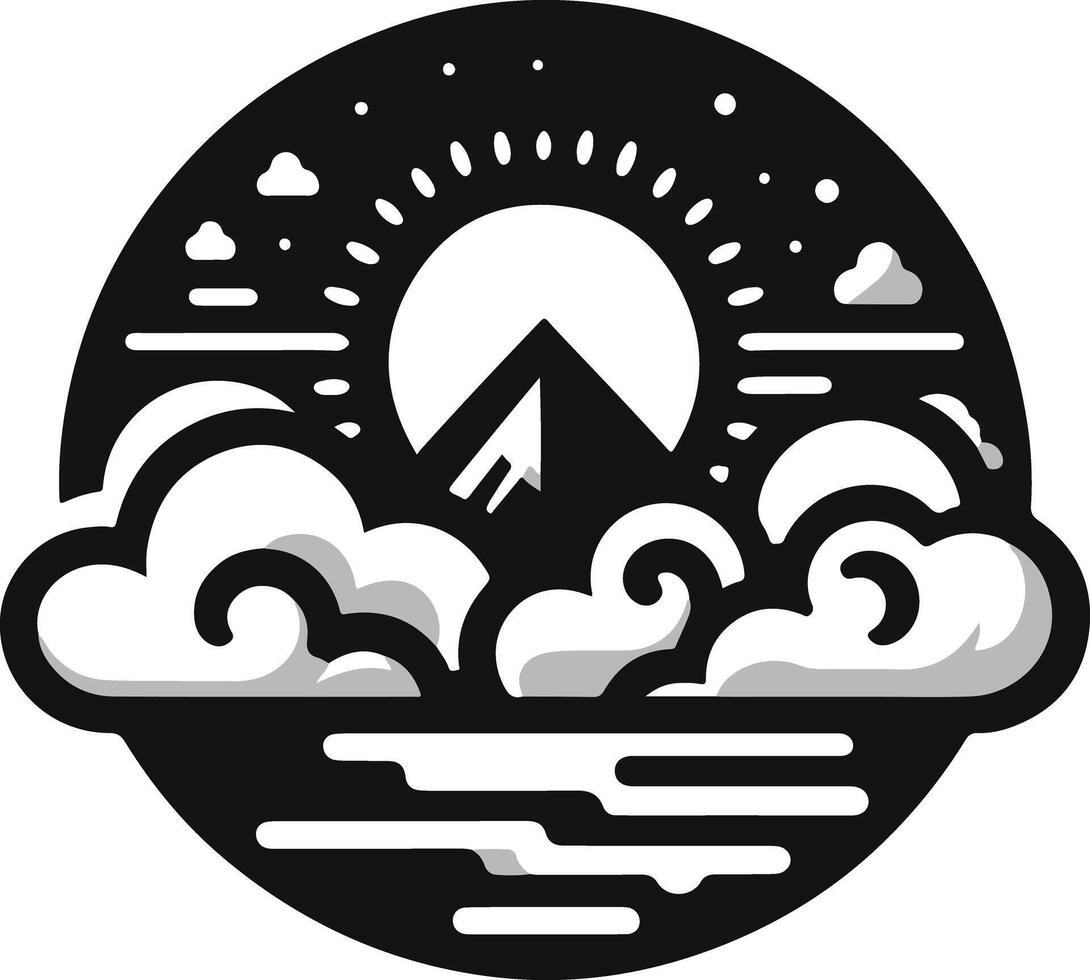 A black and white illustration of a mountain and clouds vector