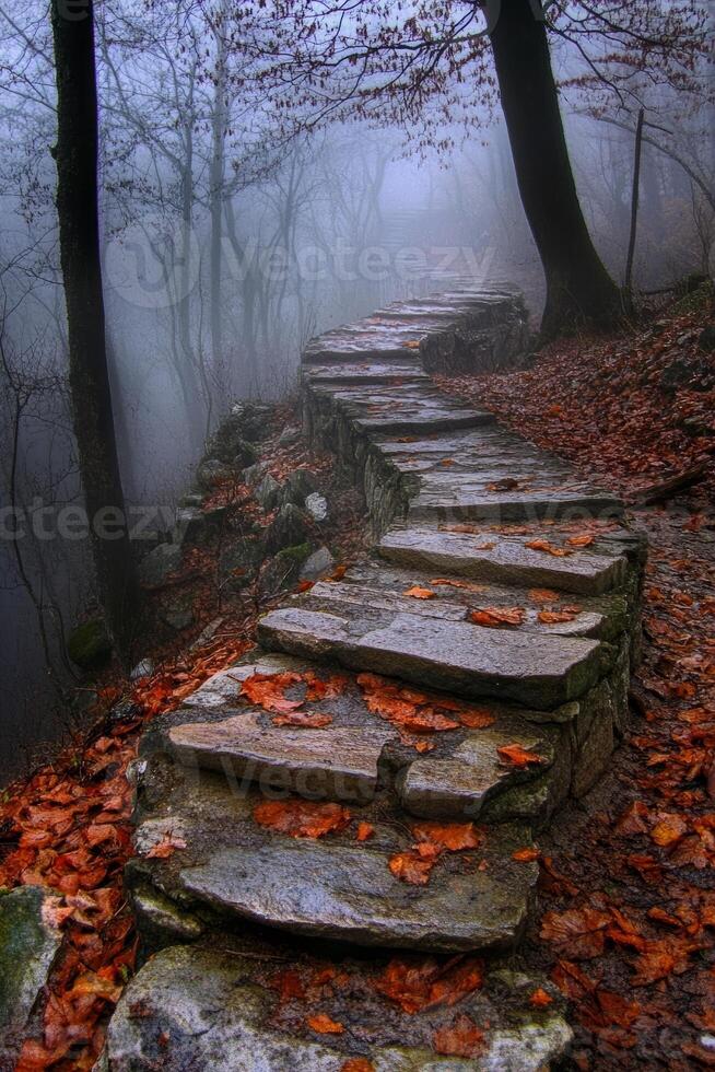 A stone staircase with leaves on it photo