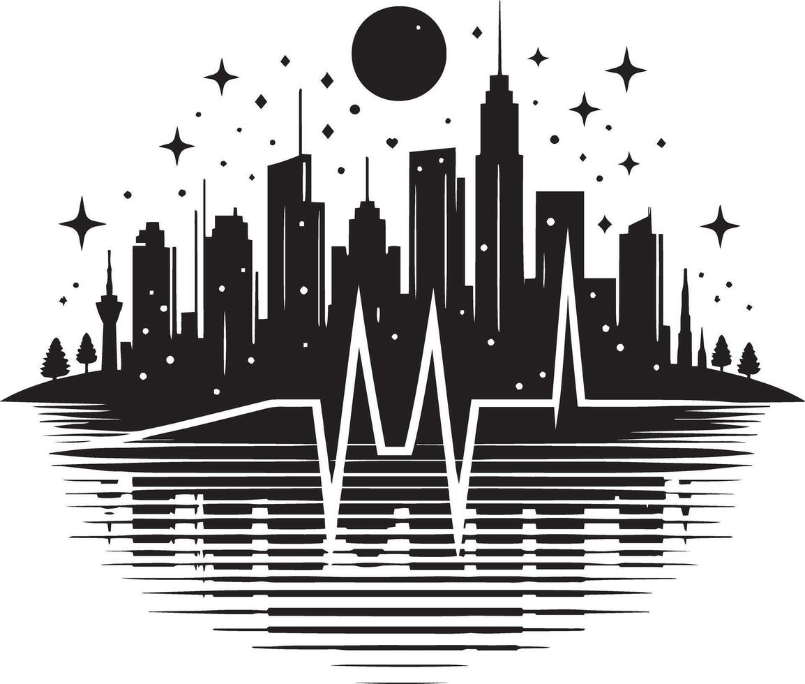 A city skyline with a heartbeat line and a heart vector