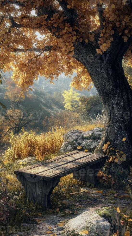 Serene Autumn Scene with Wooden Bench Under a Tree in Sunlit Forest photo