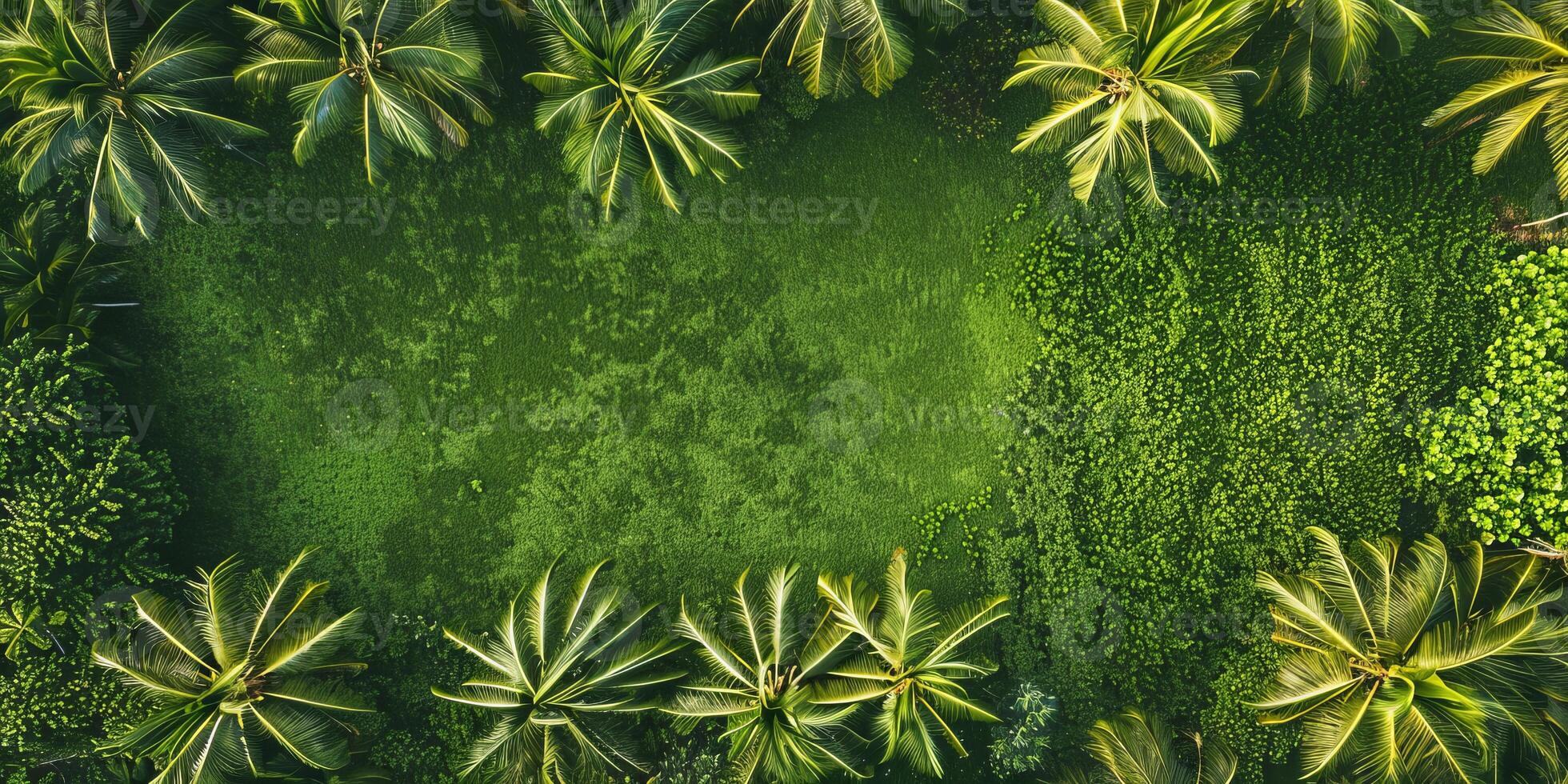 A lush green field with palm trees in the background photo