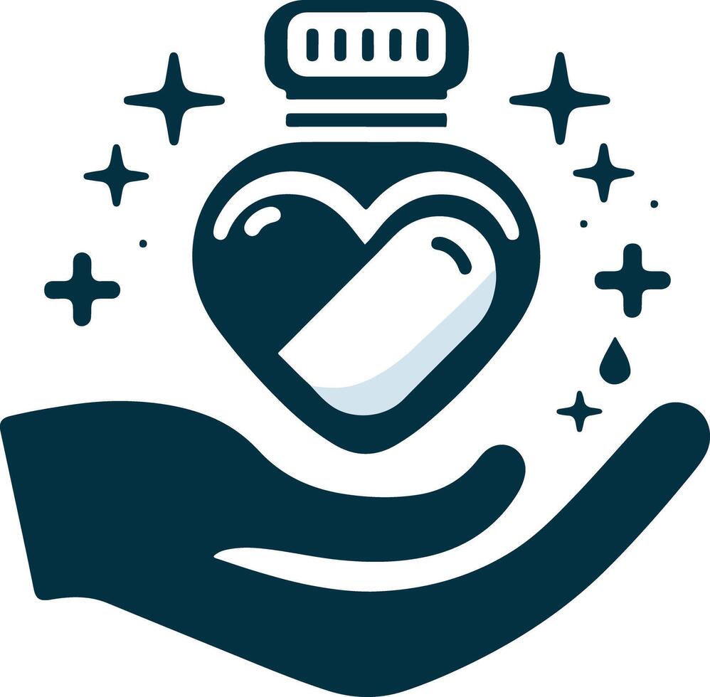 A hand holding a heart shaped pill and a bottle of medicine vector
